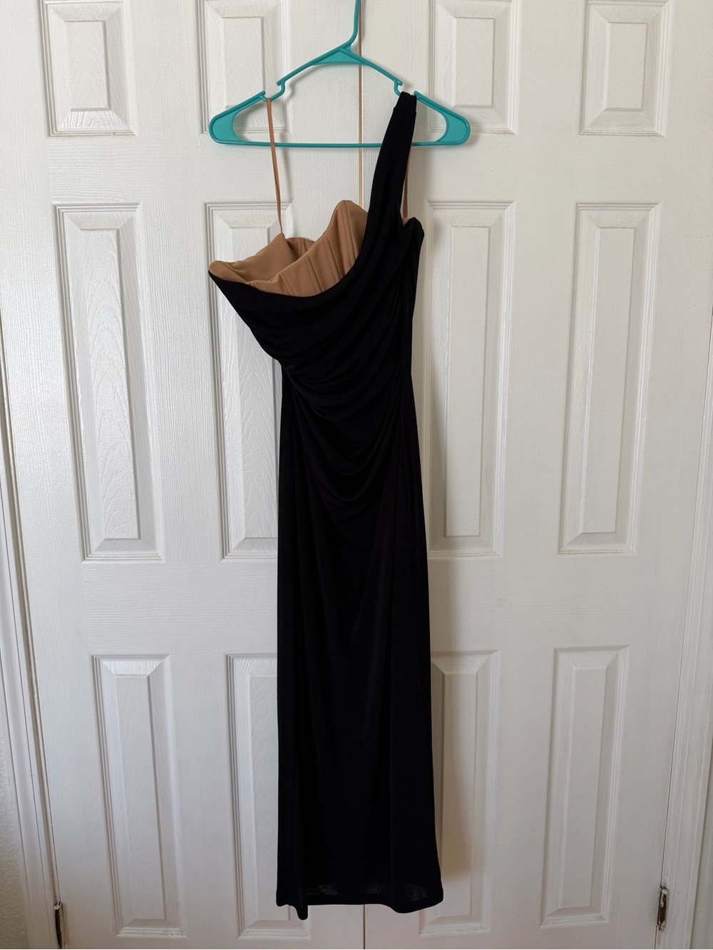 Black One-Shoulder Evening Dress with Nude Lining